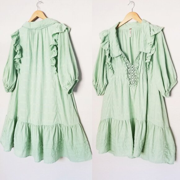 Free People Elora Pleated Ruffle Mini Dress L WindownpaneMermaid Tail Green $148 - Picture 6 of 14